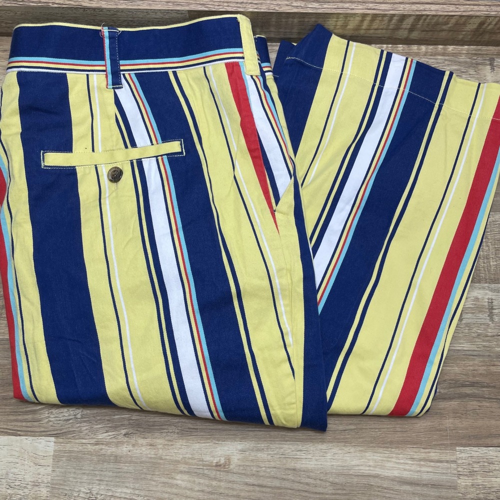 Loudmouth Golf Mens 40 Retro Striped Pants Yellow Navy Cotton Stretch 31" Inseam